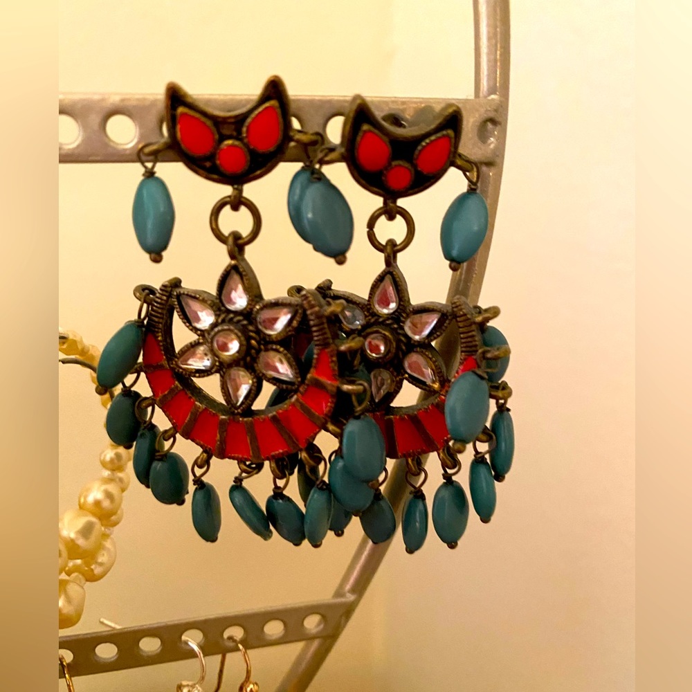 Vintage Anthropologie statement earrings. Very cool, red/green Christmas colors!